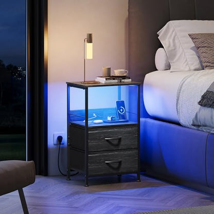 WLIVE Night Stand with Charger Station, LED Nightstand for Bedroom, Small Dresser with 2 Fabric Drawers for Small Spaces, Bed Side Table, Charcoal Black and Wood Grain Print - color: Charcoal Black