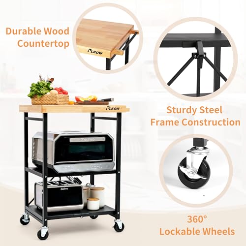 PLKOW Foldable Kitchen Cart with Solild Oak Wood Top, Rolling Kitchen Island on Wheels, 3-Tier Storage Utility Cart for Microwave, Toaster Oven, Small Spaces - color: Black