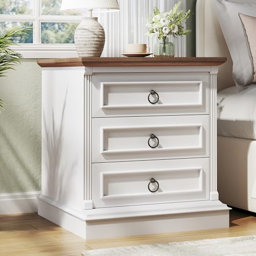 HUAHUU Farmhouse Nightstand with Wireless Charging Station, Bedside Table with 3 Drawers, Night Stand for Bedroom, Wood Rustic End Table with Type-C Port and USB, White & Brow - color: Brown & White