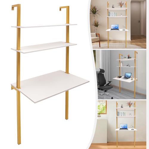 2-Shelf Industrial Wall Mount Ladder，Wall Mount Computer or Writing Desk, Computer Laptop Desk with Shelves, Wall Table Floating Desk with Storage for Home Office, Gold, (20" Dx30 Wx72.8 H) - color: Gold/ White