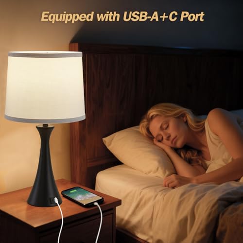 Touch Lamp for Living Room Bedroom, 21" Table Lamps Set of 2 with USB C+A Ports and White Lamp Shades, Touch Bedside Lamps for Nightstand with 3 Way Dimmable, 2 LED Bulbs Included - color: Black & White Shade