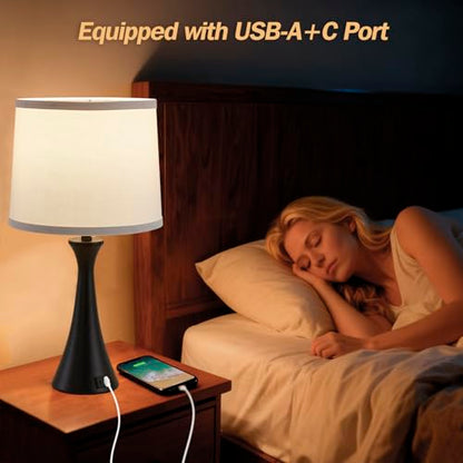 Touch Lamp for Living Room Bedroom, 21" Table Lamps Set of 2 with USB C+A Ports and White Lamp Shades, Touch Bedside Lamps for Nightstand with 3 Way Dimmable, 2 LED Bulbs Included - color: Black & White Shade