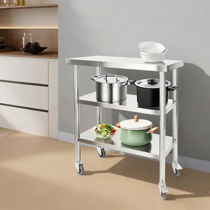 30x14x35in 3-Tier Stainless Steel Work Table with Casters & Foot Pads, Adjustable Shelves, 330 lbs Load Capacity, Space-Saving Metal Utility Cart for Small Spaces, Kitchen, Garage, Restaurant, Home - size: 30x14x35 Inches