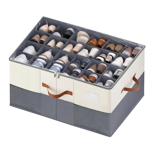 Shoe Organizer for Closet, 1 Pack Shoe Storage Container with Adjustable Dividers, Space Saving Shoe Box Storage Organizer Bin with Clear Lid and 4 Handles, Fits 12-24 Pairs, Beige & Grey - color: Beige & Grey, size: (1 Pack) 25 ½"L x 17"W x 12 ½"H