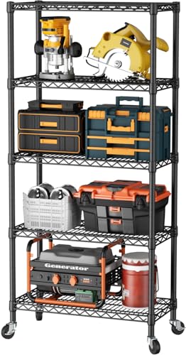 SINGAYE 5 Shelves Storage Wire Shelf Closet Metal Shelving Pantry Wheels | Shelf Bathroom Organizers Metal Kitchen Garage Shelving Unit Laundry Room Organization Home Rack Net Basket with Wheels - color: Black, size: 5Tier/14"D X 30"W X 70"H