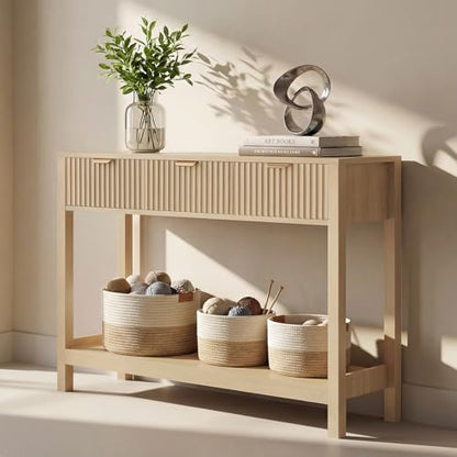 Nasonet Fluted Console Table, Wooden Sofa Table with Storage and Drawers, Farmhouse Behind Couch Table Entryway Table for Entrance, Hallway, Living Room, Oak - color: Oak, style: Modern