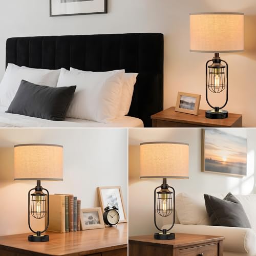 Table Lamps for Living Room Set of 2, Farmhouse Lamps for Night Stands, Industrial Bedside Lamps for Bedroom End Table with USB A+C, Bulbs Included - color: Black-Gold