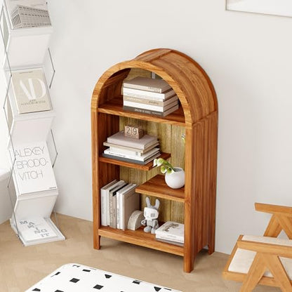 43.3" Tall Freestanding Arched Wooden Bookshelf with 4-Tier Shelf, Modern Asymmetrical Open Shelf Display Curved Book Case, Entryway Accent Short Arched Bookcase for Office, Kitchen, Living Room - color: Asymmetrical Walnut 43.3"