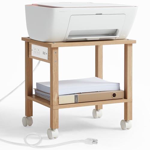 YUFAM 2 Tier Under Desk Printer Stand with Charging Station, Natural | Wooden Small Printer Table for Home Office, Rolling Printer Cart Shelf with Lockable Wheels - color: Wood, size: 11.8"D×15.7"W×15.3"H(With USB)