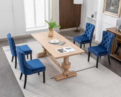 KCC Velvet Dining Chairs Set of 4, Upholstered High-end Tufted Dining Room Chair with Nailhead Back Ring Pull Trim Solid Wood Legs, Nikki Collection Modern Style for Kitchen, Blue - color: Blue, size: Set of 4