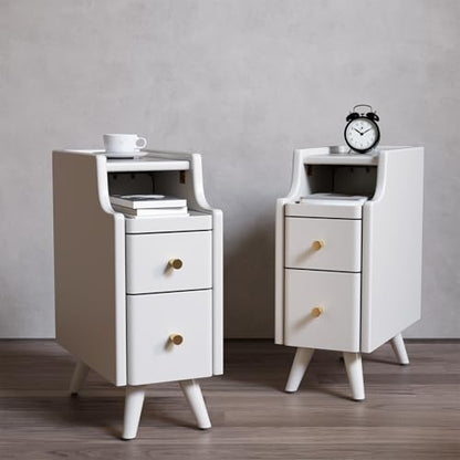 AQIMUELE Narrow Nightstand Set of 2, Small White Wood Bedside Table with Drawers, End Table for Small Spaces Bedroom - color: 2 Pc(white), size: 15.74''D*7.87''W*19.68''H