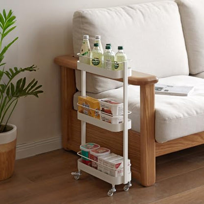 Rolling Storage Cart, 3 Tier Bathroom Organizer Mobile Shelving Unit, Metal Utility Cart Tower Rack for Kitchen Laundry Narrow Places(Fully Assembled Furniture, White) - color: White