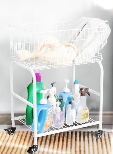 31" tall hennze one layer rolling wire laundry basket,easy moved wire laundry cart for clothes,pants laundry. children toys organization cart,metal cart with metal frame,enlarge the storage (white) - color: white