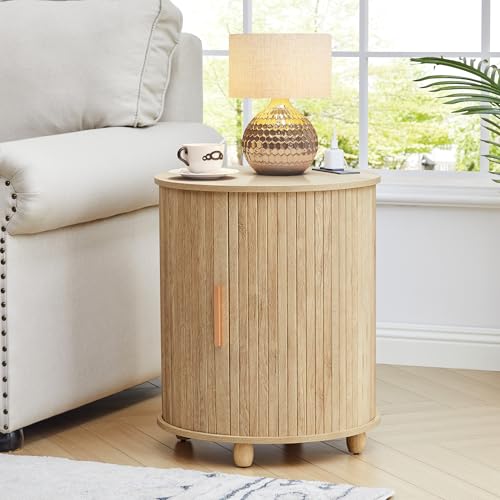 18" Round End Table, Farmhouse Wood End Side Table with Charging Station -2 AC + USB + Type-C, Bohemia Fluted Nightstand with Sliding Door for Living Room, Bedroom (18 Inch, Natural - color: Natural, size: 18"-Round
