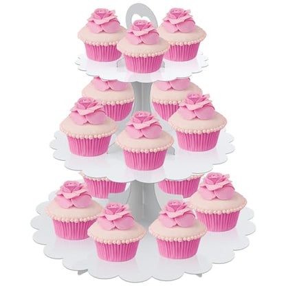 White Cupcake Stand Tower, 3-Tier Cardboard Dessert Display with Heart Handle,Perfect for Birthday Baby Shower Wedding Tea Party Graduation, Easy 60-Second Assembly, Holds 12+Cupcakes (1-Pack) - color: White 1 Pack