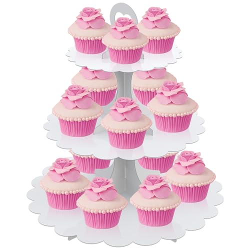 White Cupcake Stand Tower, 3-Tier Cardboard Dessert Display with Heart Handle,Perfect for Birthday Baby Shower Wedding Tea Party Graduation, Easy 60-Second Assembly, Holds 12+Cupcakes (1-Pack) - color: White 1 Pack