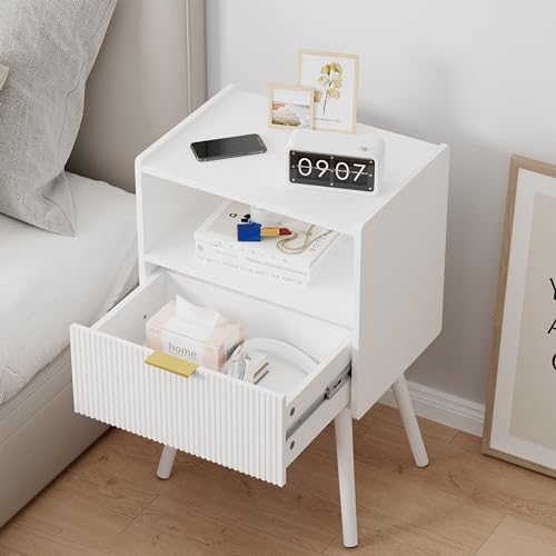 JOONEE White Nightstand,Modern Bedside Table with Storage Drawer and Open Wood Shelf, for Living Room, Bedroom and Small Spaces, Accent Night Stand with Solid Wood Legs, Easy Assembly,Classic White - color: White
