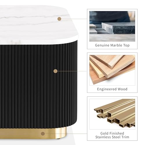 Furniture of America Beryl Modern Square White Genuine Marble Top End Table with Fluted Pedestal Base and Gold Stainless Steel Accent, Low Profile Table for Living Room, Home Office, Black - size: End Table, style: Square