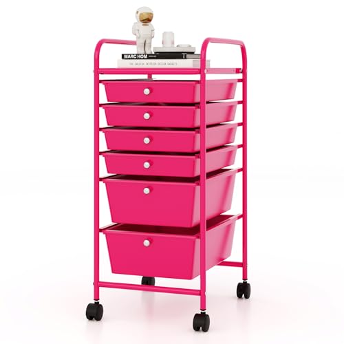 COSTWAY 6-Drawer Rolling Storage Cart, Art Craft Tools Organizer on Wheels | Multifunctional Heavy Duty Utility Mobile Storage Trolley w/ 2 Lockable Wheels for Home Office School (Hot Pink) - color: Hot Pink, size: 6 Drawer