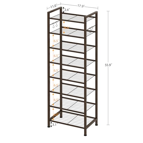 usikey 8 Tiers Narrow Shoe Rack 16-24 Pairs, Sturdy Metal Tall Shoe Rack with 4 Hooks, Slim Shoe Storage Organizer with Metal Shelf, Space Saving Vertical Shoe Shelf for Closet Entryway, Bronze - color: 8 Tier ( 17.9 X 11 X 55.5 Inches)-bronze