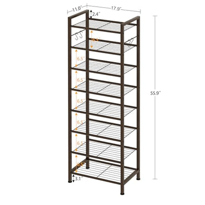 usikey 8 Tiers Narrow Shoe Rack 16-24 Pairs, Sturdy Metal Tall Shoe Rack with 4 Hooks, Slim Shoe Storage Organizer with Metal Shelf, Space Saving Vertical Shoe Shelf for Closet Entryway, Bronze - color: 8 Tier ( 17.9 X 11 X 55.5 Inches)-bronze
