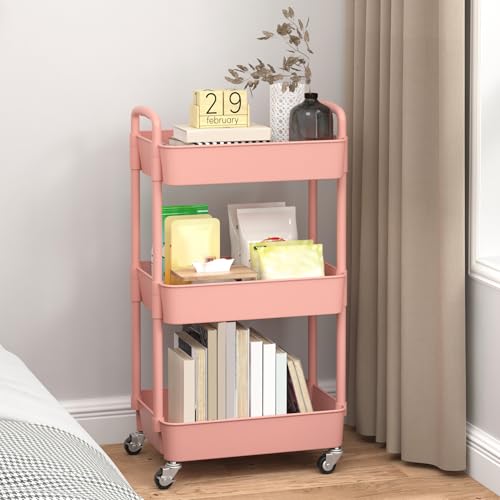 Sywhitta 3-Tier Plastic Rolling Utility Cart with Handle, Multi-Functional Storage Trolley for Office, Living Room, Kitchen, Movable Storage Organizer with Wheels, Pink | Multi-Functional Storage Trolley, for Office, Living Room, Kitchen, Bathroom,Movable