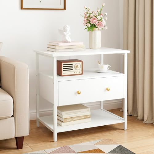 Edbuosy 27 Inch Wide Night Stand with Charging Station, Wood Nightstand with Open Shelf, Large Drawer Bedside Table for Living Room/Bedroom/Office, White - color: White, size: 27"W-1 Drawer