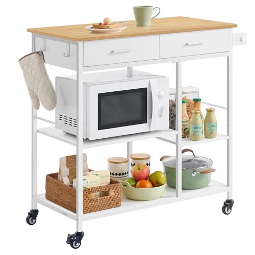 VASAGLE Kitchen Rolling Island, Mobile Kitchen Cart with Storage on Wheels, 17.7 x 38.8 x 35.4 Inches, Towel Rack, 2 Drawers, 2 Hooks, for Dining Room, Oak Beige and Matte White UKKI010Y01 - color: Oak Beige + Matte White, size: 17.7"D x 38.8"W x 35.4"H