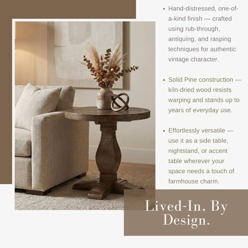 Napa Solid Wood Farmhouse Rustic Round End Side Living Room Table, Nightstand 26" W x 26" D x 25" H | Farmhouse Rustic, Pine Wood, Round Side Table, Nightstand, 2" Plank Top, for Living Room or Bedside, 26" W x 26" D x 25" H - color: Natural Finish