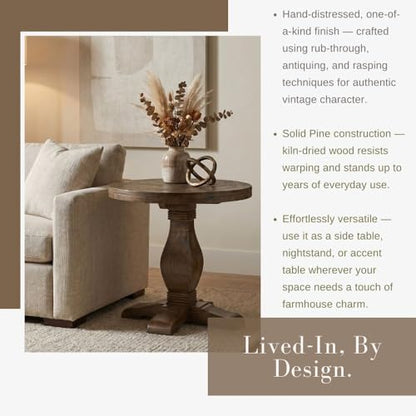 Napa Solid Wood Farmhouse Rustic Round End Side Living Room Table, Nightstand 26" W x 26" D x 25" H | Farmhouse Rustic, Pine Wood, Round Side Table, Nightstand, 2" Plank Top, for Living Room or Bedside, 26" W x 26" D x 25" H - color: Natural Finish