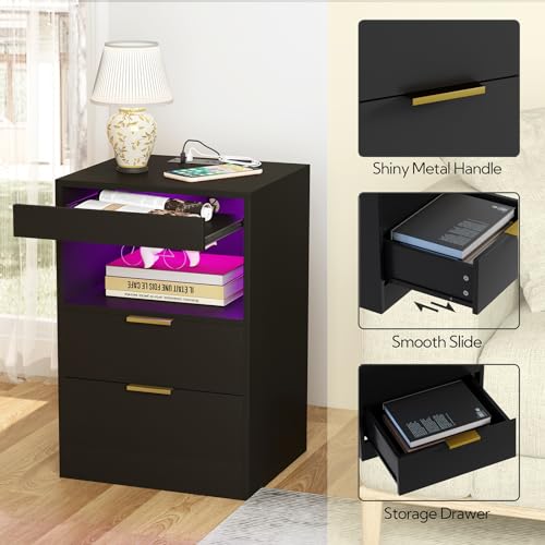 Yusong Night Stand, Black Nightstand, LED Nightstand with Charging Station, Modern Night Stand, Bedside Table, Wood Sofa Couch End Side Table with 2 Pull-Out Shelf - color: Black 001