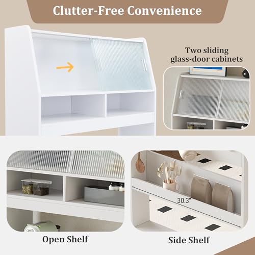 Spaco 2-in-1 Folding Dining Table and Buffet Cabinet Set,Compact Pull-Out Kitchen Table with Wheels,Storage Shelf and Side Hooks,Multifunctional Cupboard for Small Place (White & Oak) - color: White & Oak