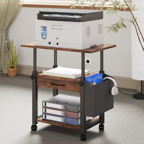 YAOHUOO 22"x15" Large Printer Stand with Drawer, 3-Tier Rolling Table Cart | Storage Drawer and Side Bag,Height Adjustable Cart,Fit printer/fax/3d/scanner,4 lock wheels or feet,Home Office,Rustic Brown - color: Rustic Brown, size: 3-Tier