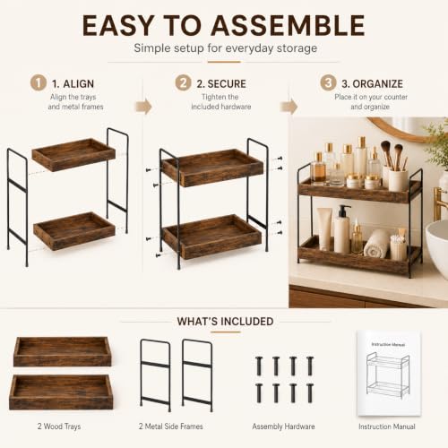 mahueeol 2 Tier Wood Counter Organizer | Bathroom Vanity Use, Kitchen Use - style: Rustic