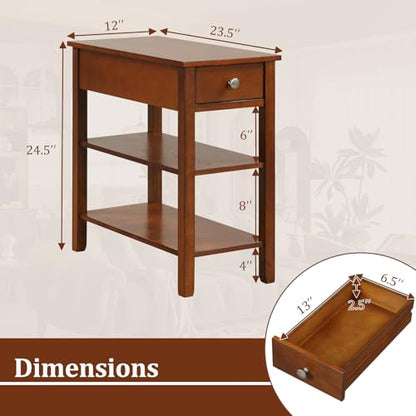 Giantex Narrow End Table Set of 2, Farmhouse Side Tables with Drawer & Storage Shelves, Wood Sofa Side Table, 3-Tier Night Stand for Small Space Living Room Bedroom, Brown - color: Brown
