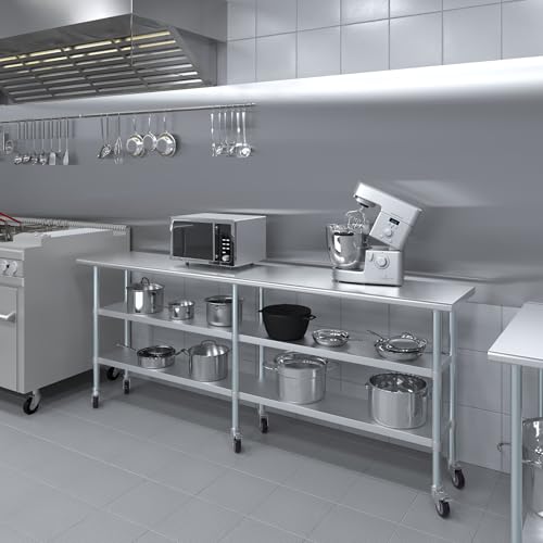 AmGood Stainless Steel Work Table with 2 Shelves and Casters | Metal Utility Table On Wheels (Stainless Steel, 96" Long x 18" Deep) - size: 96" Long x 18" Deep