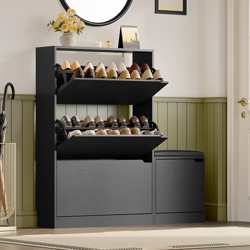 BORNOON Shoe Cabinet with Bench and 3 Flip Drawers, Slim Narrow Shoe Storage Cabinet, Freestanding Shoe Rack Organizer with Adjustable & Removable Shelves, Anti-Tip for Entryway, Hallway, Foyer - color: Black, size: 3 Drawers-Bench