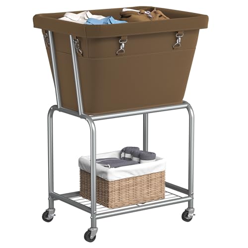 ELYKEN Rolling Laundry Hamper with Wheels, Removable Bag, Laundry Cart | Heavy Duty Metal Frame, 2-Tier Clothes Basket with Shelf, Ideal for Closet, Bedroom, Bathroom & Laundry Room, Camel Brown - color: Camel Brown, size: 20.3"L x 15.9"W x 30.9"H