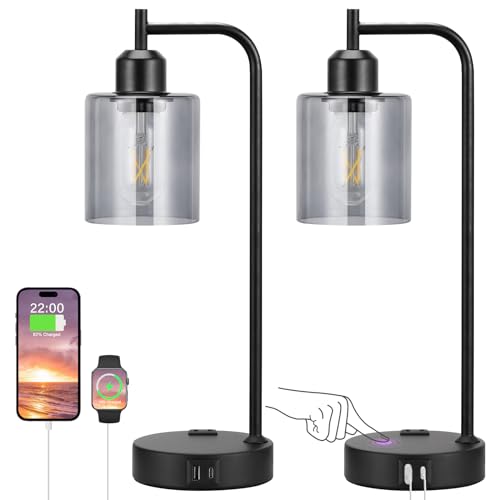 Innqoo Industrial Touch Bedroom Lamps for Bedrooms Set of 2-3-Way Dimmable Table Lamps with USB C+A Ports and Outlet, Bedside Lamps with Gray Glass Shade for Living Room, Desk Lamps for Home Office - color: D-Gray