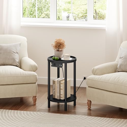 HOOBRO Set of 2 Small Round Side Tables with Charging Station, 2-Tier Round Bamboo End Tables, Easy Assembly, for Living Room, Bedroom, Apartment, Black BB156UBZP201 - color: Black