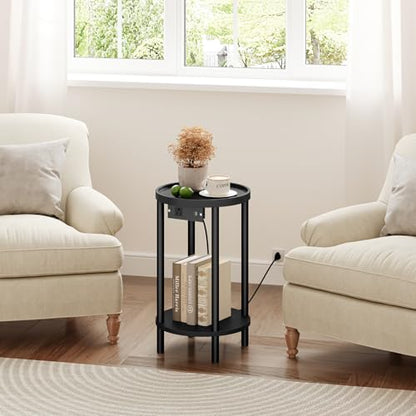HOOBRO Set of 2 Small Round Side Tables with Charging Station, 2-Tier Round Bamboo End Tables, Easy Assembly, for Living Room, Bedroom, Apartment, Black BB156UBZP201 - color: Black