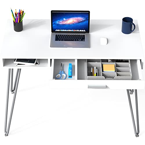 SHW Home Office Computer Hairpin Leg Desk with Drawer, White - color: White