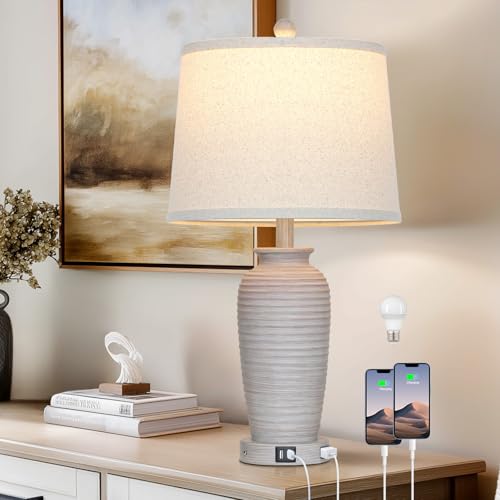 CINSARY 25" Vintage Farmhouse Jar Table Lamps, Single Rustic Bedside Lamp with USB A+C Ports & AC Outlet, Nightstand Lamps for Living Room, Bedroom, End Table, Grey White(LED Bulb Included) - color: Light Grey-1 Pack
