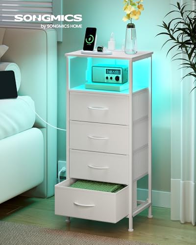 SONGMICS BELLAH Collection - Nightstand with Charging Station and App-Controlled Adjustable LED Lights, Bed Side Table, 4 Drawers and 1 Open Shelf, Modern, Cloud White and Snow White ULGS304WH01S - color: Cloud White + Snow White, size: 4 Drawers