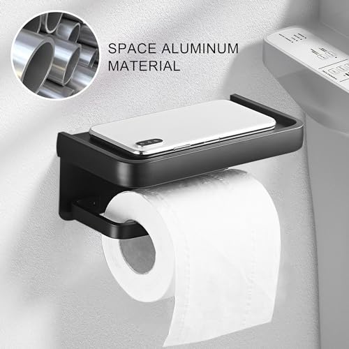 Toilet Paper Holder with Phone Shelf, Adhesive or Screw Wall Mount Toilet Tissue Roll Holder-Black - color: Black