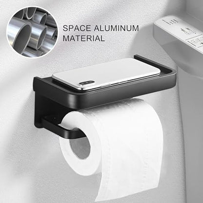 Toilet Paper Holder with Phone Shelf, Adhesive or Screw Wall Mount Toilet Tissue Roll Holder-Black - color: Black