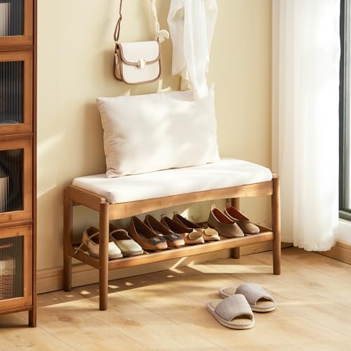 STDDRE Shoe Bench Entryway Bamboo 2-Tier Shoe Rack with Cushion Padded Seat Shoe Bench Organizer Stable for Entry, Hallway, Living Room, Bedroom, Closet (31.5 * 11.4 * 16.5IN, Brown-Beige) - color: Brown-beige, size: 31.5*11.4*16.5Inches