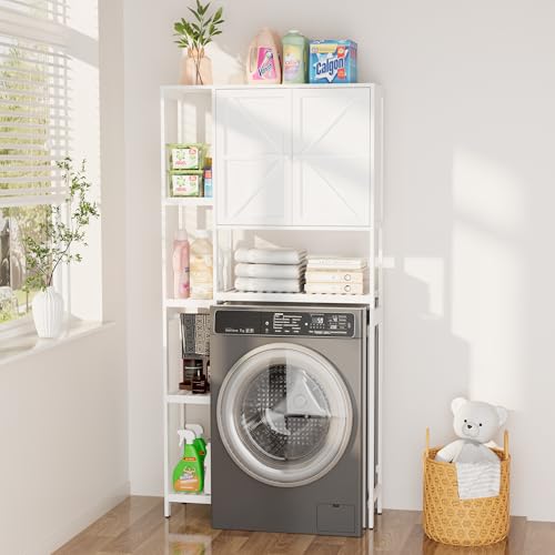 Bamboo Over The Toilet Storage, Above Toilet Organizer Storage Shelf, Tall Freestanding Behind Toilet Rack, Tiered Bathroom Space Saver Shelving, Easy Assembly (White) - color: White