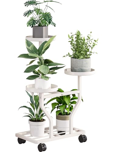 Plant Stand with Wheels, White 3-Tier Metal Plant Shelf for Indoor Outdoor | Corner Plants Stand Indoor for Bedroom Living Room, Outdoor Plant Stand for Garden Balcony Yard, Holds 3-5 Pots of Plants - color: White, size: 3 Tier