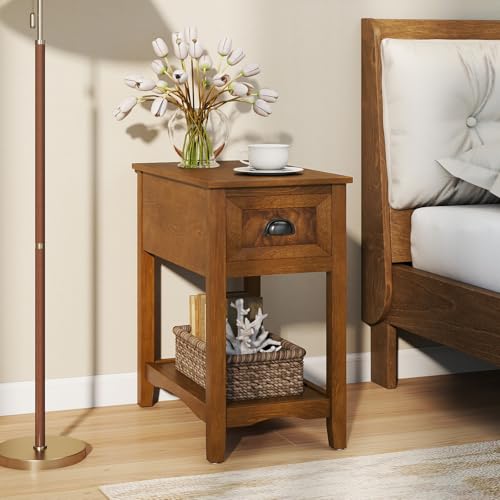 Giantex End Table with Drawer, Retro Narrow Side Table, Nightstand with Solid Wood & Storage Shelf, Bedside Table for Living Room Bedroom Small Space Home Office (2, Tawny) - color: Tawny